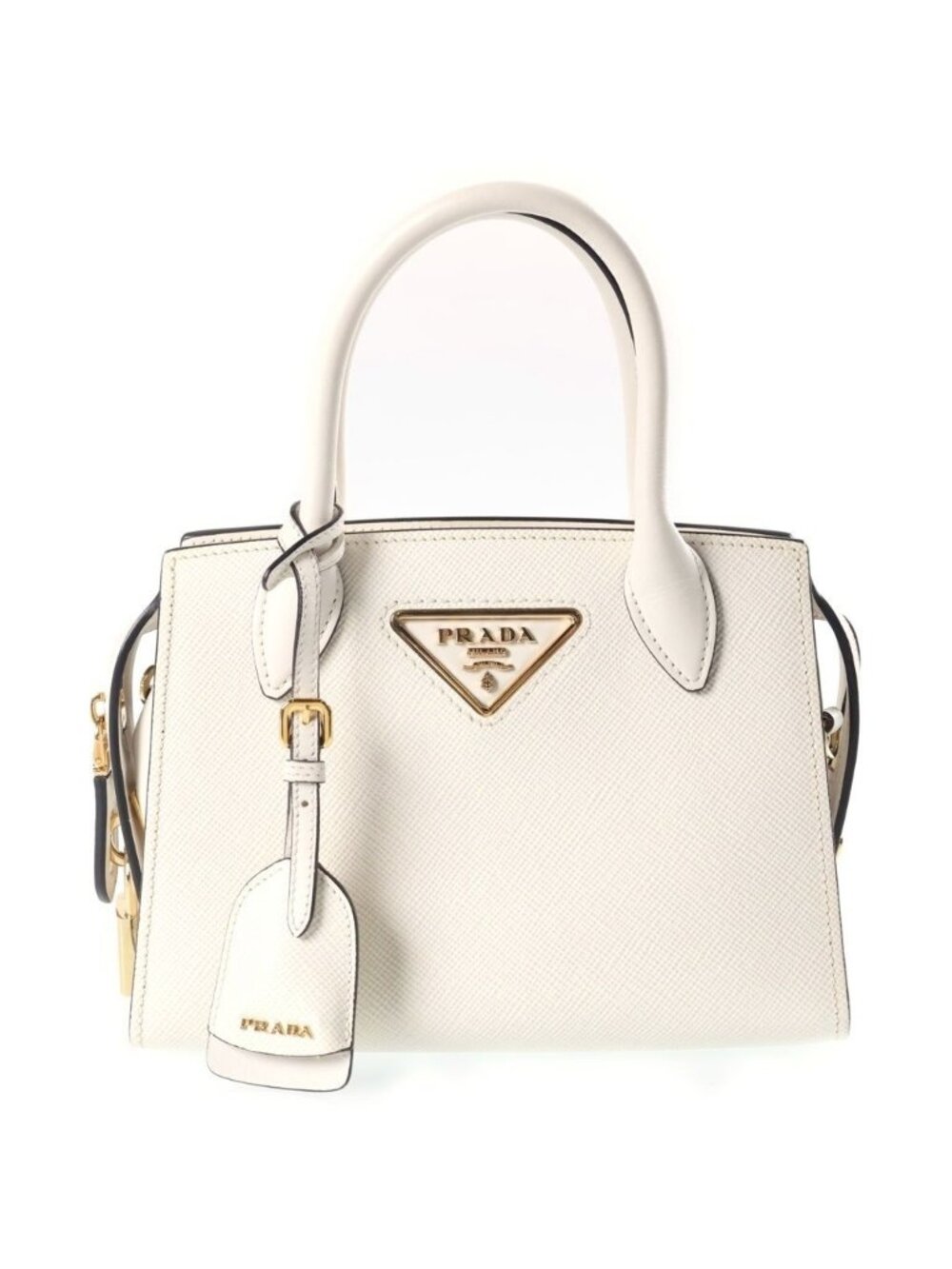 Prada Monochrome Triangle Logo Saffiano Leather 2-Way Bag Gold White